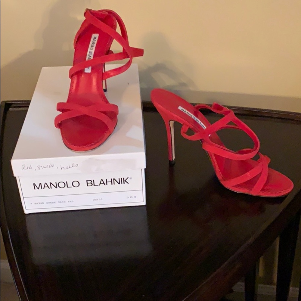 Manolo Blahnik red suede strappy heel sandals 38.5